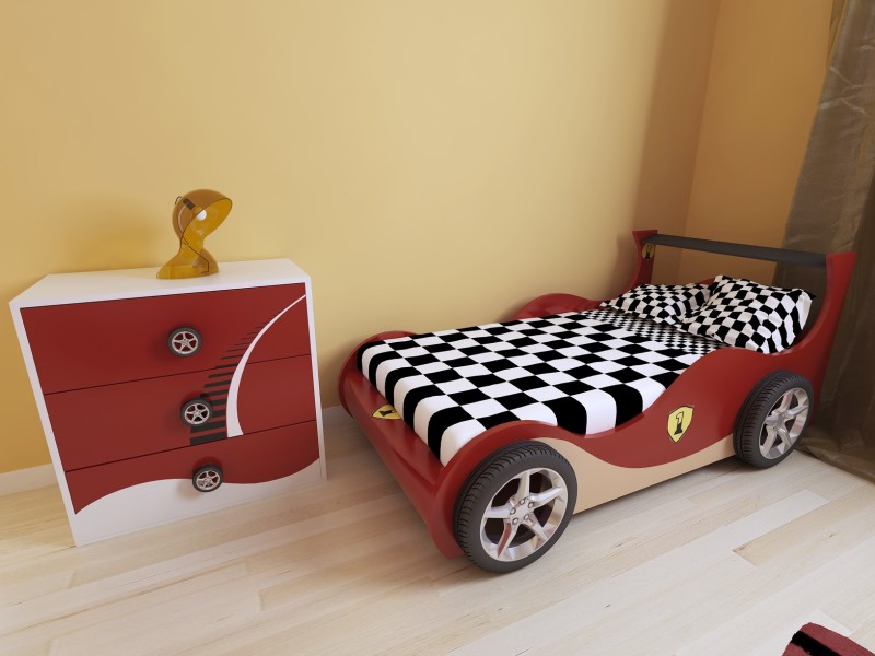 Boy's bedroom in a modern style with yellow walls, timber floor, car bed and matching painted drawers Boy's Bedroom Design Ideas in a modern style with yellow walls, timber floor, car bed and matching painted drawers
