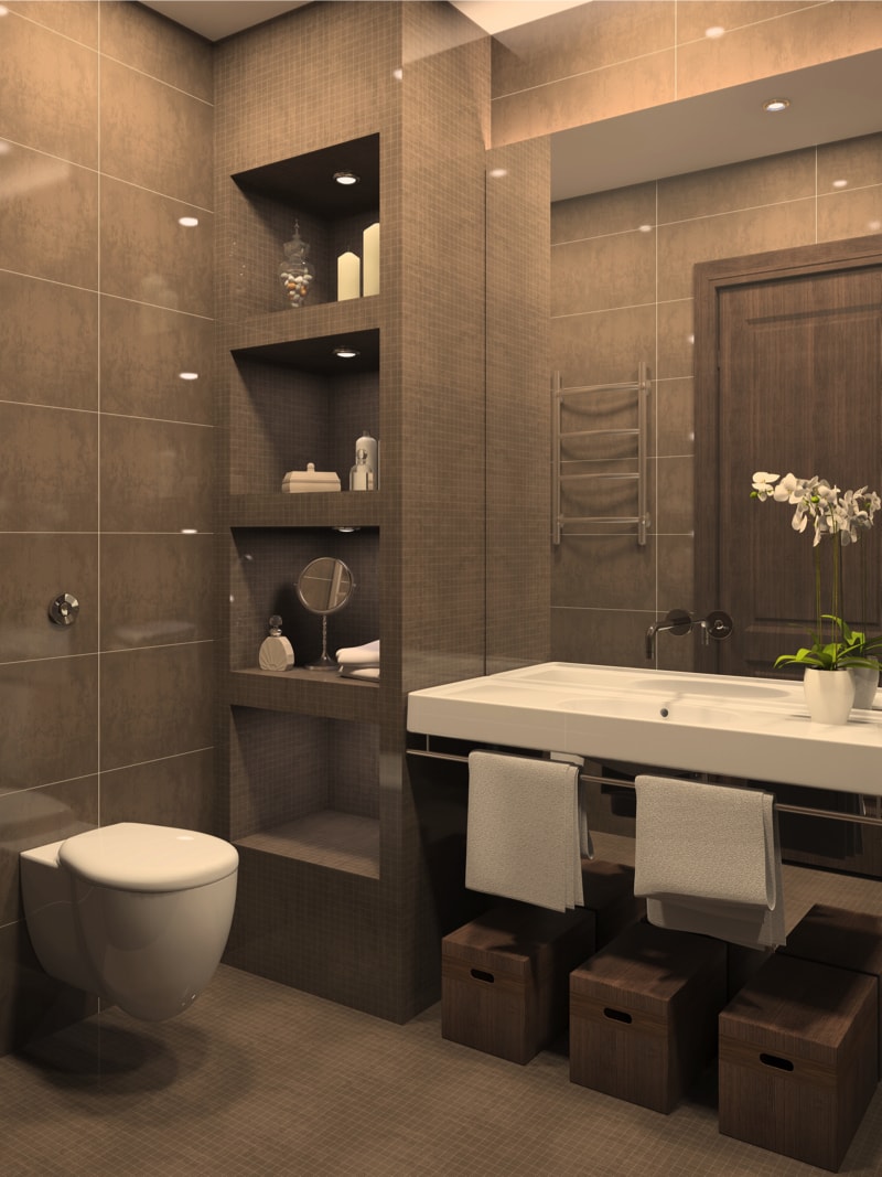 Relaxing Bathroom Ideas Modern bathroom with tiled brown walls and a large white basin